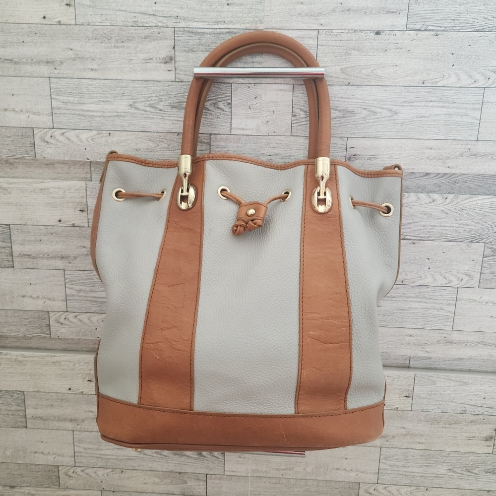 Valentina Grey & Tan Leather Drawstring Handbag Made in Italy